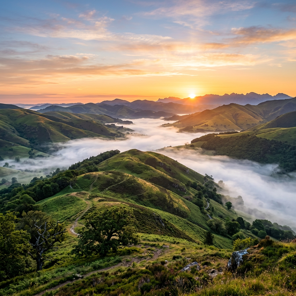 Sunrise over rolling green hills partially covered in low-lying mist