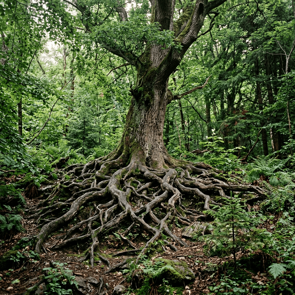 Large tree with thick, exposed roots spreading over ground in dense forest