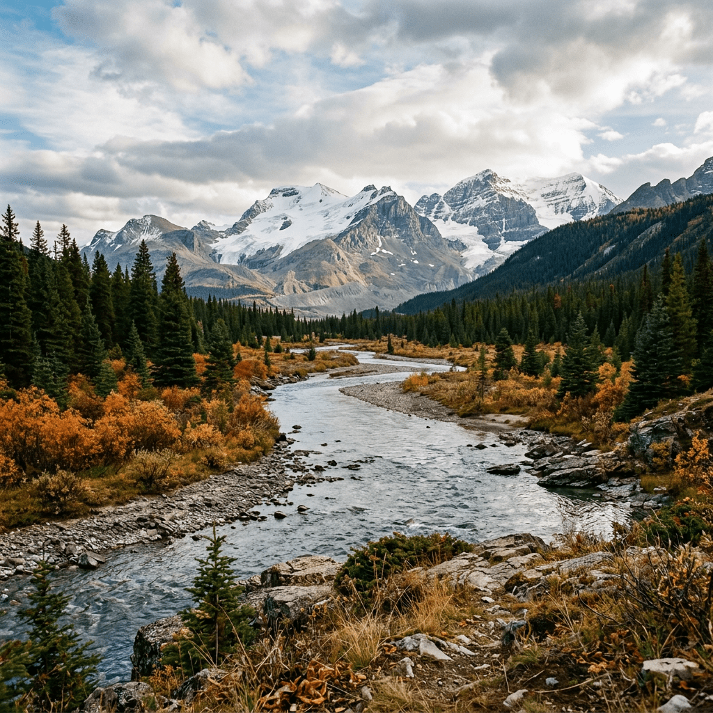 A river winding through autumnal forest with snow-covered mountains in the background